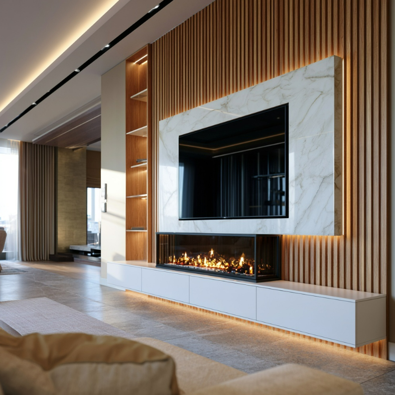 Handcrafted media wall with built-in electric fireplace and TV in a modern Irish living room